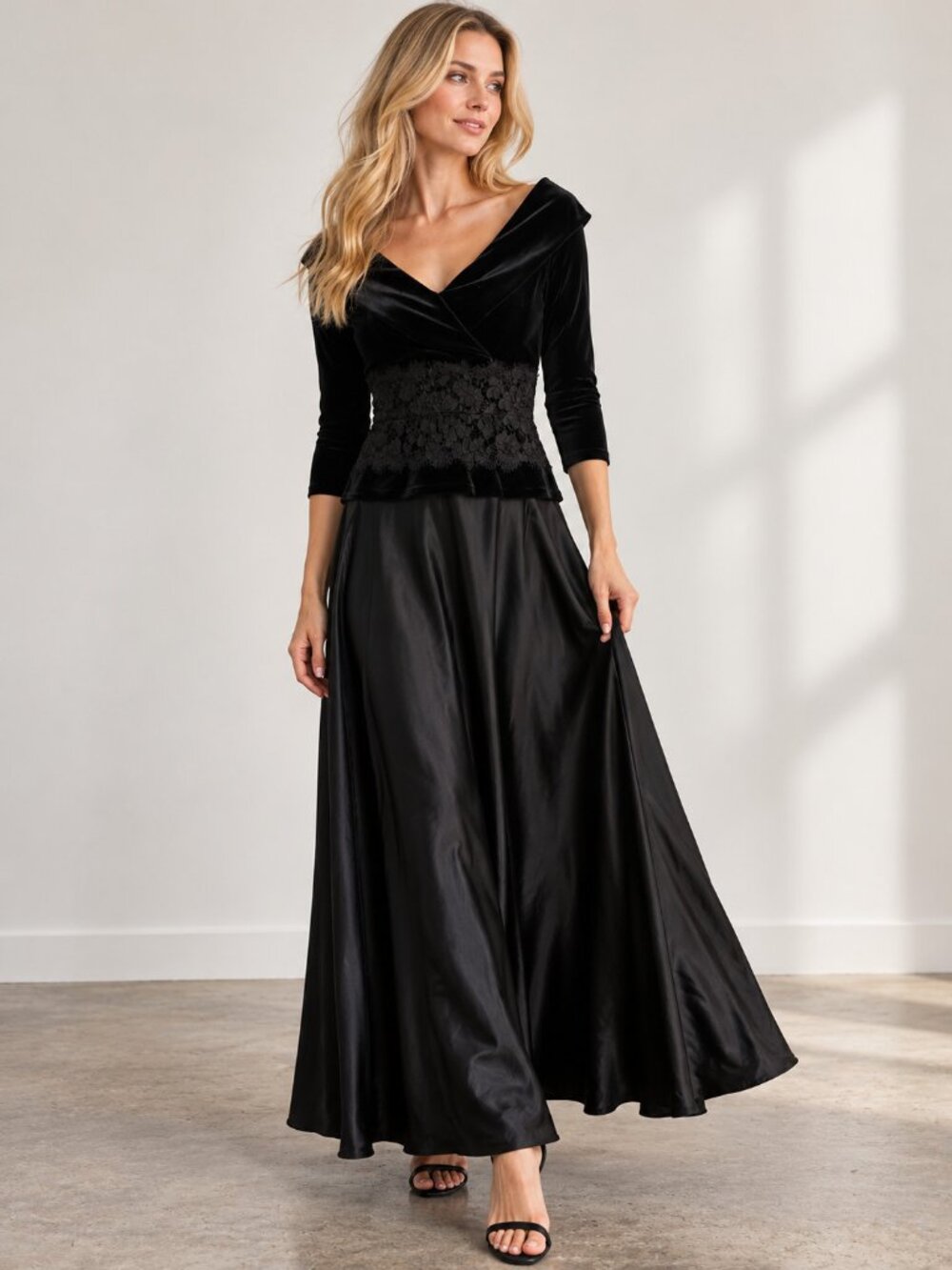 Vintage Y2K Tadashi Velvet Satin Lace Bare Shoulder Maxi Gown XS